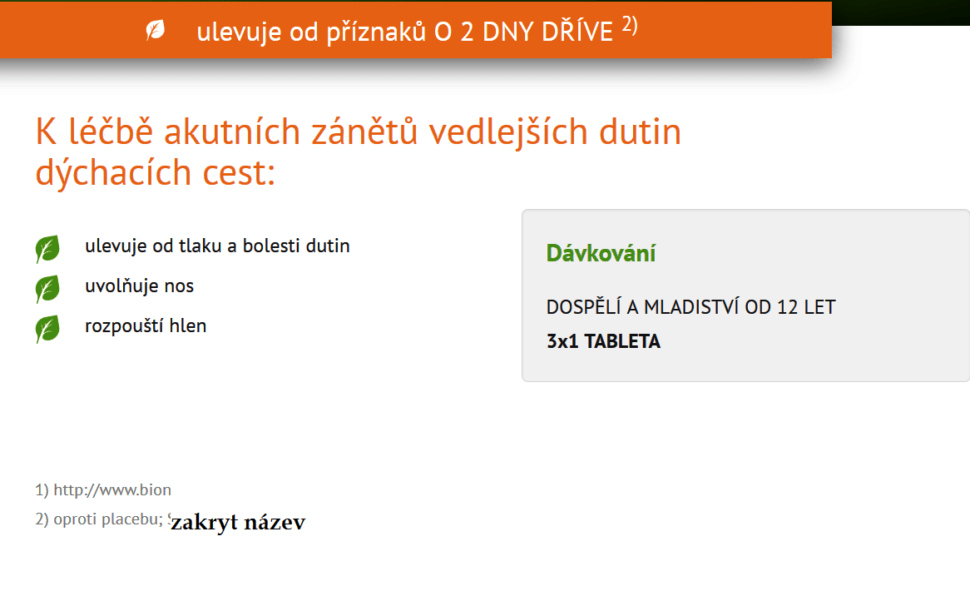 sken obrazovky o tom, že lék k léčbě zánětu vedlejších nosních dutin uleví o 2 dny dříve, než placebo