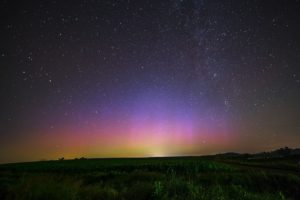 Hvězdy na růžovém nebi nad zelenou krajinou - fotografie k originální bajce o Stromvěkovi