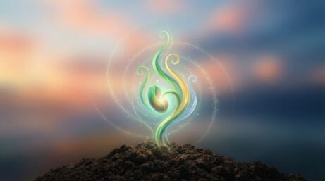 Klíčící semínko vyrůstající ze země, obklopené spirálovitými proudy zelené, zlaté a modré energie na pozadí západu slunce.